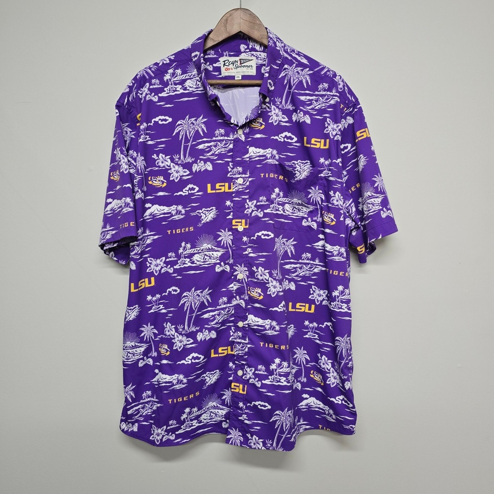 Reyn Spooner LSU Tigers Shirt Mens 2XL Purple Tropical Gameday Aloha Performance